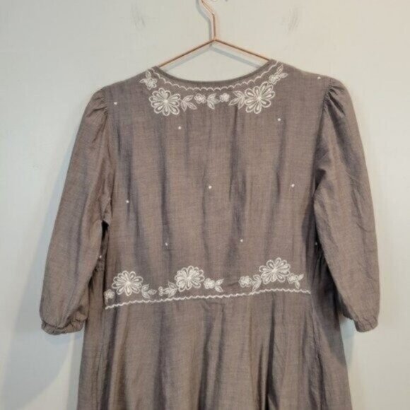 eShakti | Floral Embroidered Midi Half Sleeve V Neck Cotton Dress Gray - Picture 7 of 10